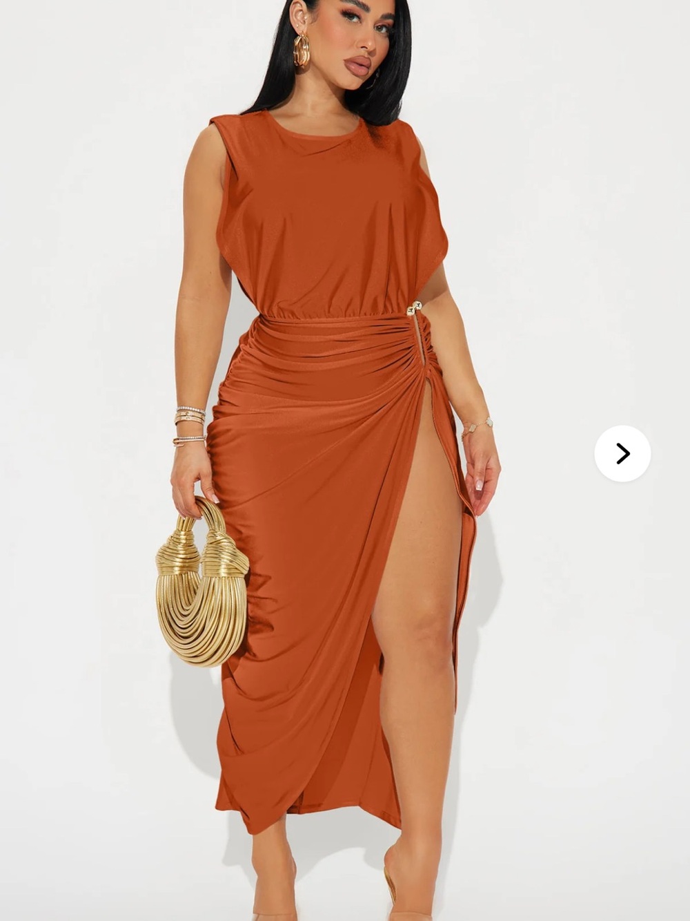 Fashion Nova Rust High-Slit Ruched Maxi Dress